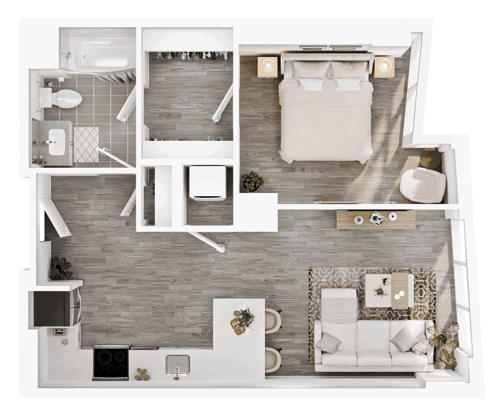Floor plan for 1 bed, 1 bath, 680 sqft